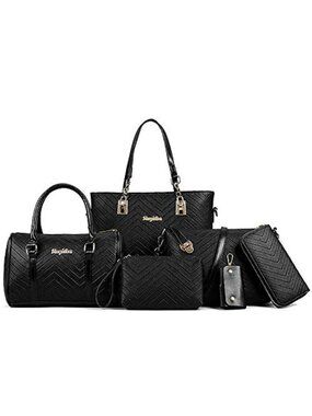 6 Piece Women PU Leather Handbag Set Tote Shoulder Crossbody Bags with Wristlet
